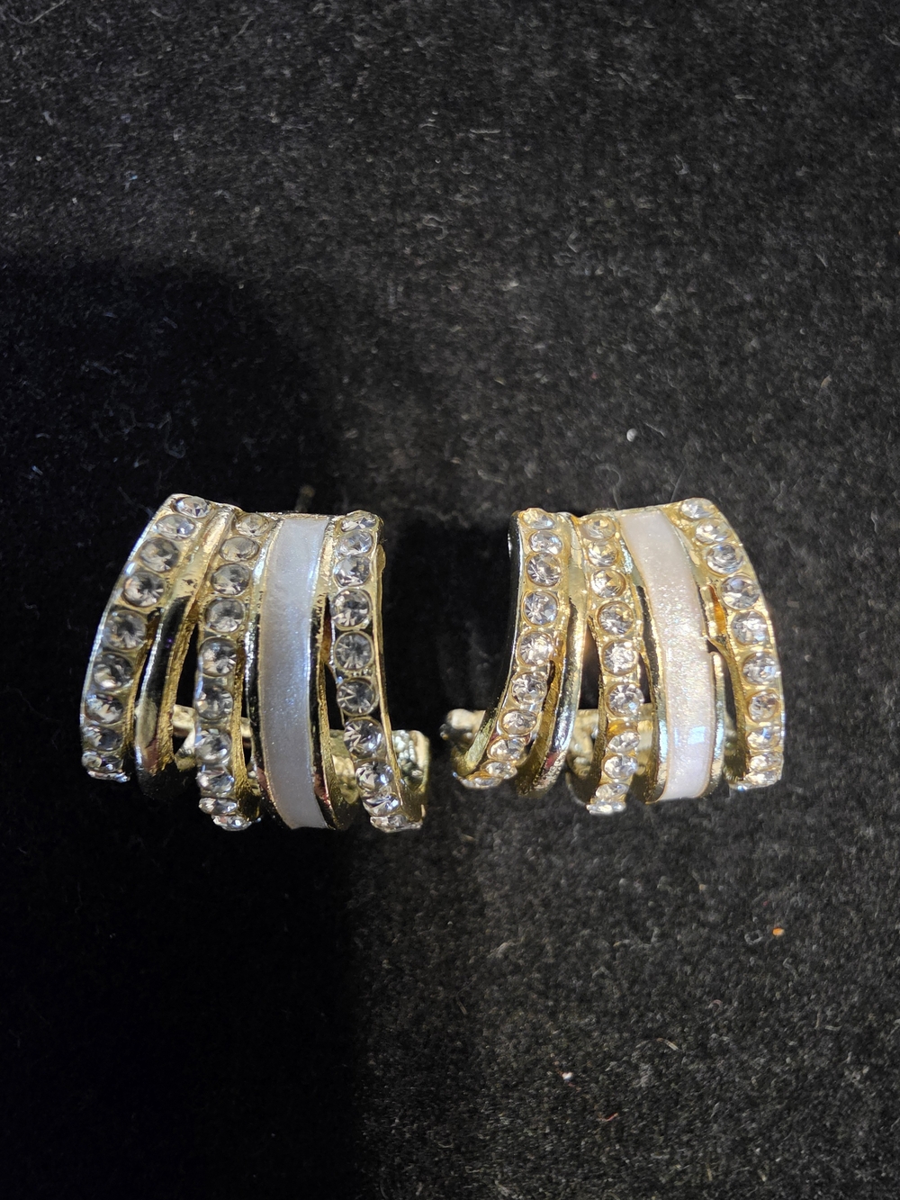 #1416. Gold-Tone White Enamel and Crystal Clip-On Earrings